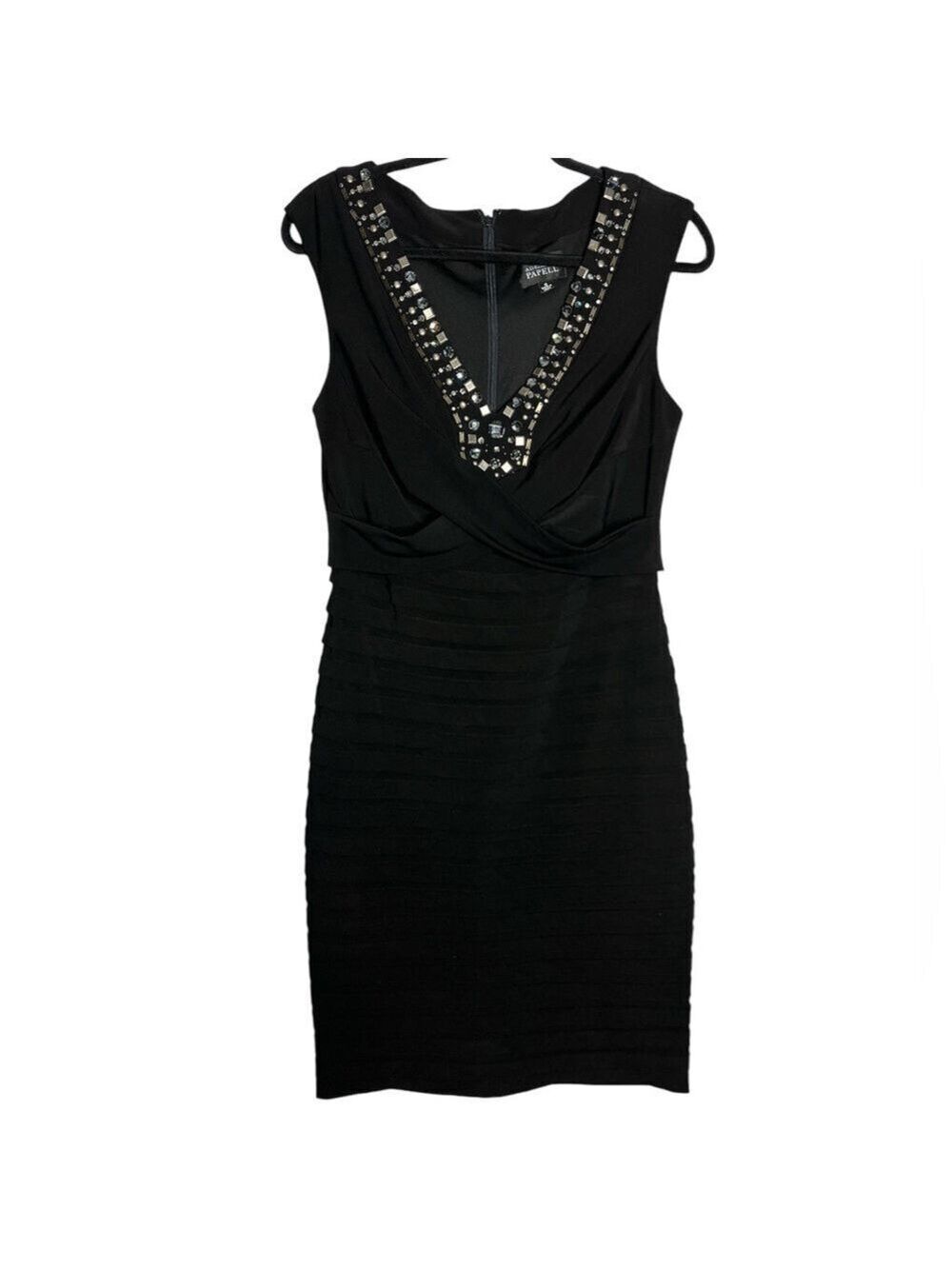 Adrianna Papell Black Tiered Beaded Bodycon Criss Cross Cocktail Dress, Size 10